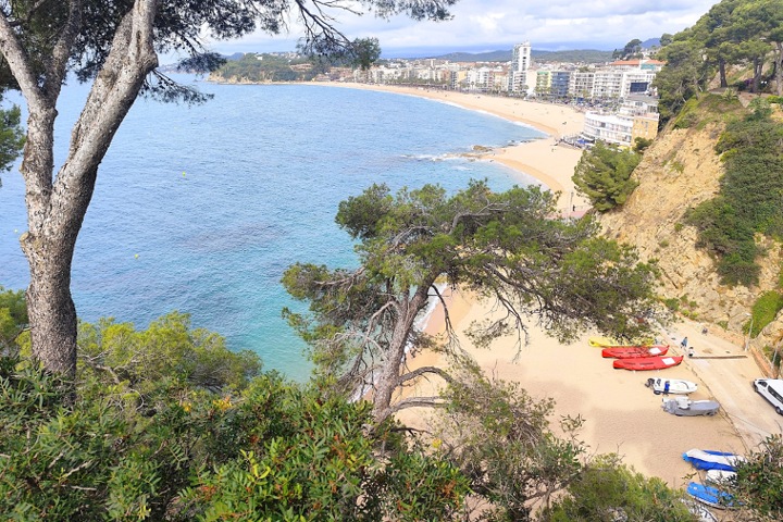 La crique de Sa Caleta avec ses bateaux colorés au pied du Castell d'en Plaja, Lloret de Mar